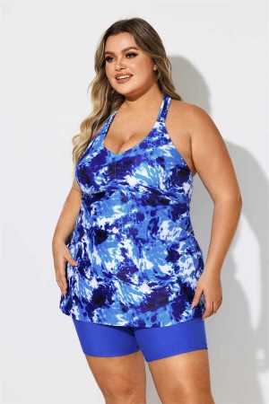 Tie Dye Printed Scoop Neck Longer Length Braided Plus Size Tankini Set