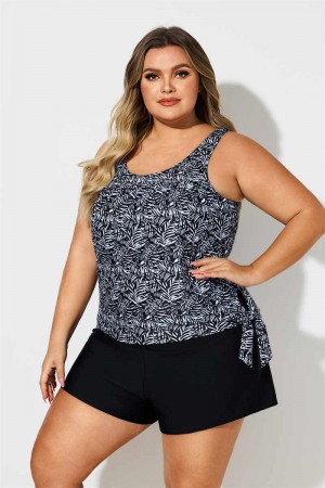 Plus Size Black And White Plants Print Side Tie Tankini Set
