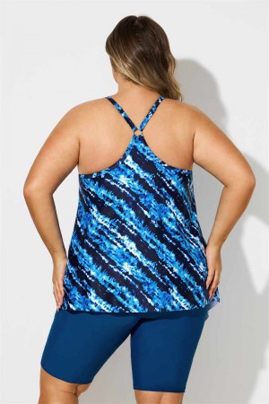 Blue Watercolor Stripe Print VNeck Thick Strap Plus Size Tankini Set