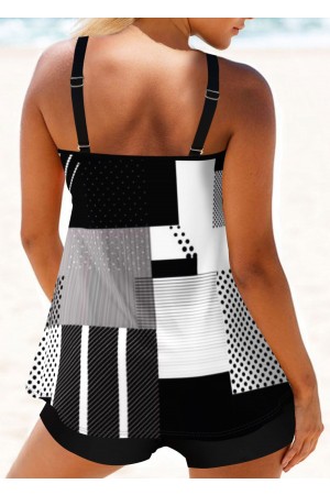 Geometric Print Black Double Straps Tankini set