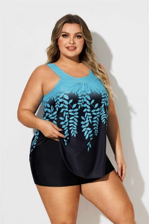 Blue Leaf Print Ombre Color Block Plus Size Tankini Set