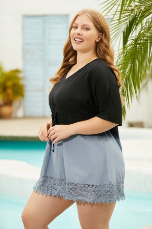 Black TieDye V Neck Half Sleeve Drawstring Cover Up