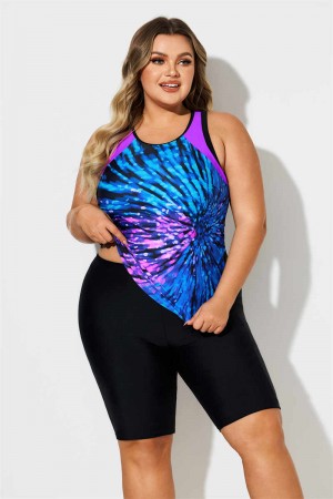 Coloful Firework Print Scoop Neck Thick Strap Plus Size Tankini Set