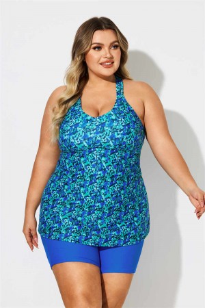 Blue & Green Scoop Neck Thick Strap Plus Size Tankini Set