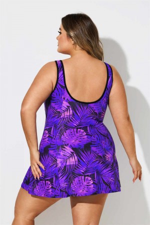Purple Plants Leaf Print Scoopneck Plus Size Swimdress