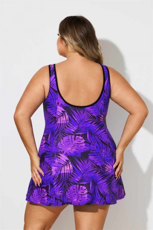 Purple Plants Leaf Print Scoopneck Plus Size Swimdress