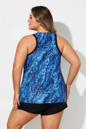 Blue Watercolor Scoop Neck Thick Strap Plus Size Tankini Set