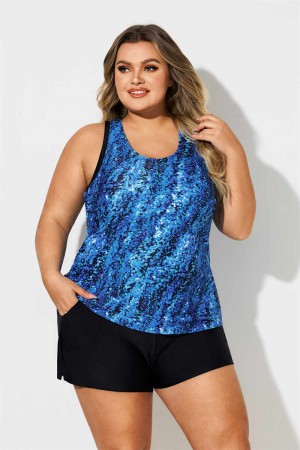 Blue Watercolor Scoop Neck Thick Strap Plus Size Tankini Set