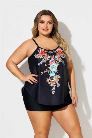 Plus Size Bowknot Floral Print Tankini Set
