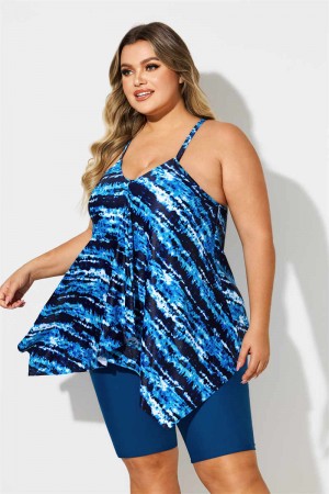 Blue Watercolor Stripe Print VNeck Thick Strap Plus Size Tankini Set