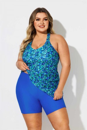 Blue & Green Scoop Neck Thick Strap Plus Size Tankini Set