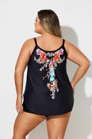 Plus Size Bowknot Floral Print Tankini Set