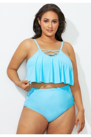 Mint Strappy Neckline Flounce Bikini Set
