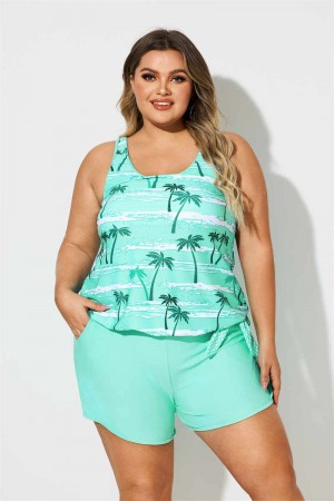 Plus Size Green Tree Print Scoop Neck Tankini Set