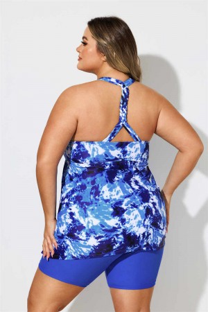 Tie Dye Printed Scoop Neck Longer Length Braided Plus Size Tankini Set